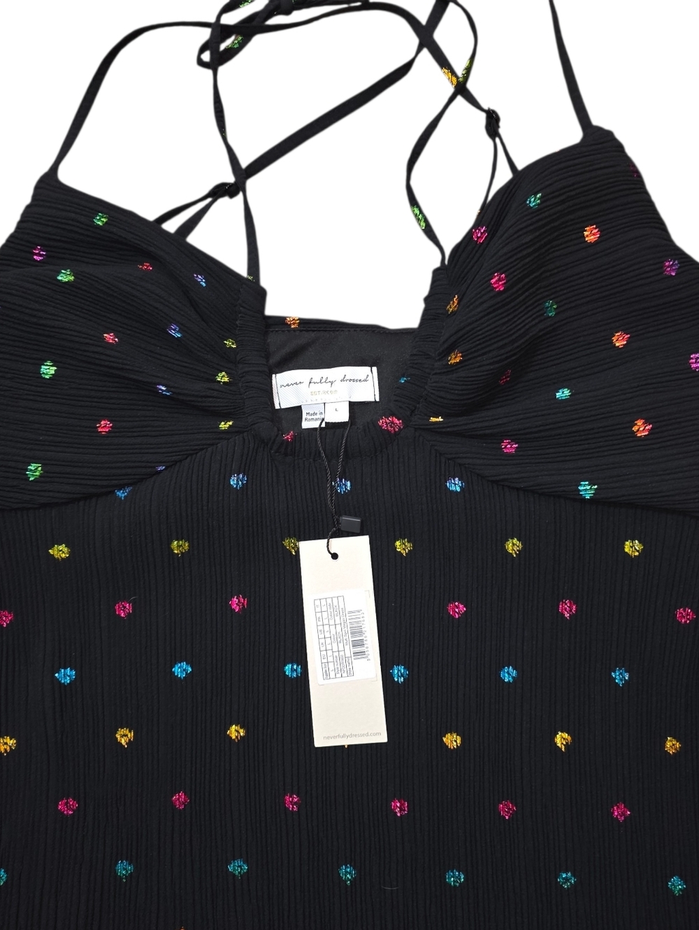 NWT Never Fully Dressed Megan Plissé Dress L Blk Metallic Polka Dot Maxi Halter - Picture 11 of 15